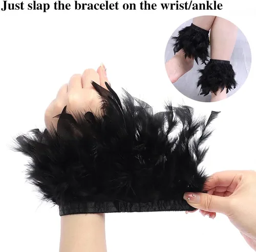 Miniatura 5 de 2 pares de puños de plumas, pulsera de plumas, anillo a presión de plumas, puños de pulsera de palmada, decoración de muñeca para mujer