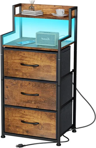 Miniatura 8 de Mesita de noche alta con luz y estación de carga, mesita de noche con 3 cajones de tela y estante de almacenamiento, mesitas de noche con puertos