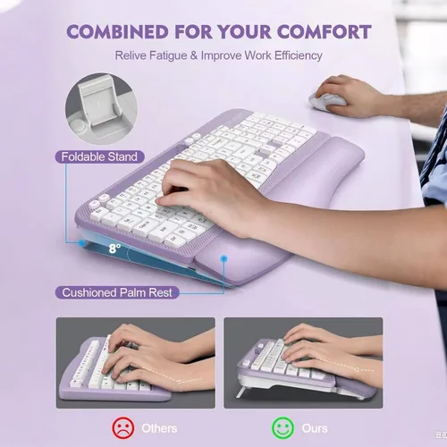 Miniatura 4 de Combo de teclado y mouse inalámbrico, teclado ergonómico de tamaño completo con teclas de onda, reposa muñeca acolchado, soporte para teléfono