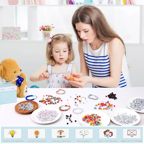 Miniatura 6 de QUEFE 2000 cuentas de letras en forma de cubo para pulseras, cuentas de números del alfabeto de 9 colores con 1 rollo de cuerda elástica