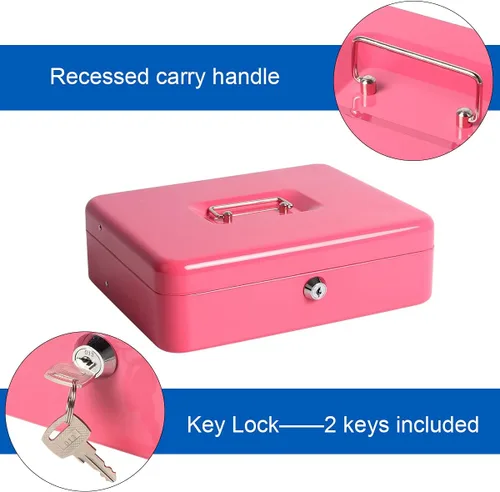 Miniatura 3 de Caja de dinero grande con bandeja de dinero y cerradura, caja de dinero de metal para efectivo, caja de seguridad de 11.8 x 9.5 x 3.54 pulgadas, rosa