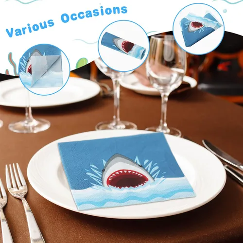 Miniatura 5 de Gersoniel 100 servilletas de papel de tiburón desechables con diseño de tiburón y océano, servilletas de papel para cócteles, bebidas, temática