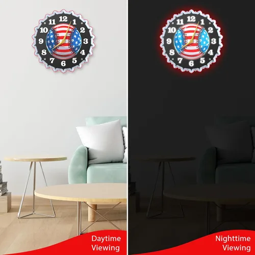 Miniatura 3 de Reloj de pared de béisbol, reloj de pared de neón de 12 pulgadas, bandera estadounidense y gráficos de béisbol, impresionante efecto de brillo 3D