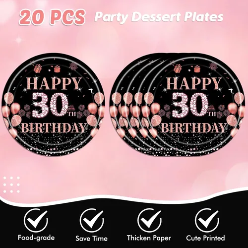 Miniatura 3 de 62 decoraciones de cumpleaños número 30 para niñas y ella, suministros de fiesta de cumpleaños de oro rosa incluyen 20 platos de 7 pulgadas, 20