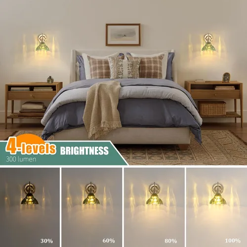 Miniatura 3 de Shenmoyl - Aplique de pared que funciona con pilas, lámparas de pared vintage recargables con pantalla de vidrio de lirio verde, lámpara de pared