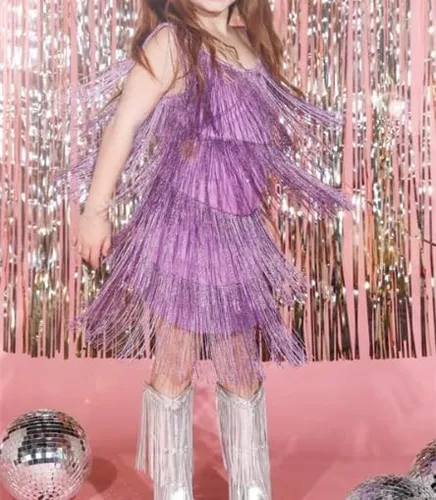 Miniatura 2 de WALLARENEAR Vestido de lentejuelas para niños, vestido sin mangas con borlas brillantes, vestido de baile latino para fiesta, vestido de baile