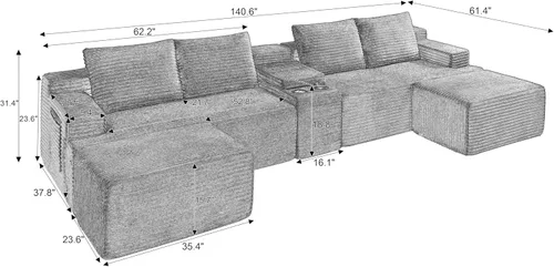 Miniatura 2 de 141" Oversized U Shaped Cloud Sectional Couches with Storage Console for Living Room, Corduroy Compressed Boneless Couch, Symmetrical Sofa & Couch