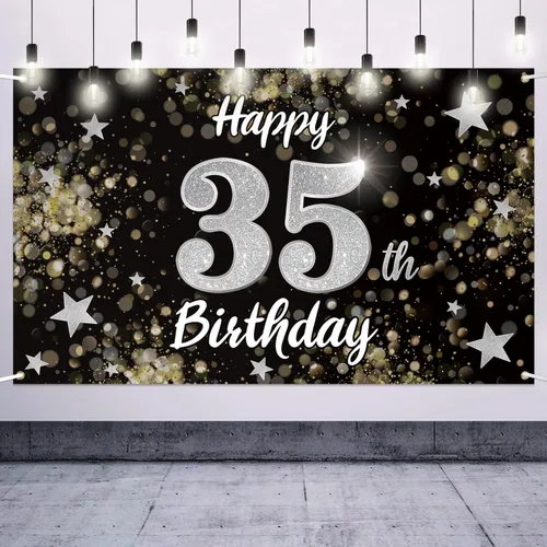 Miniatura 29 de Decoración de feliz cumpleaños 37, cartel grande de fondo de cumpleaños de 37 años con estrella de ensueño negro y plateado – Decoración de fiesta