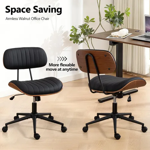 Miniatura 7 de Silla de oficina para el hogar Newnno con ruedas, silla de escritorio de altura ajustable de cuero giratoria, silla moderna sin brazos de nogal