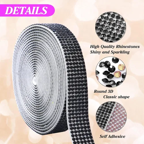 Miniatura 2 de Tiras negras autoadhesivas con diamantes de imitación y cristal, cinta de brillo con diamantes de 2 mm para manualidades artísticas, boda, Navidad