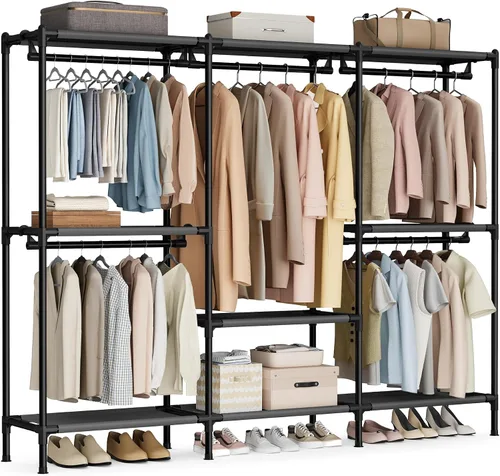 Miniatura 11 de SONGMICS Perchero de ropa resistente, armario portátil independiente de 65 pulgadas con rieles y estantes colgantes, carga total de 242 libras