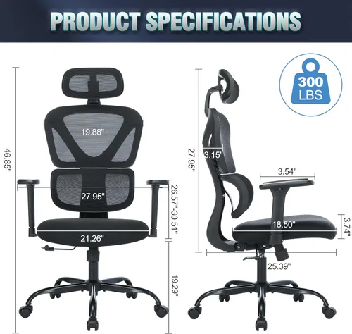 Miniatura 2 de MALOL Silla de oficina ergonómica con reposacabezas ajustables y reposabrazos 3D, silla de escritorio de malla de respaldo alto con soporte lumbar