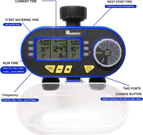 Miniatura 4 de Temporizador de rociador para manguera de jardín, temporizador de manguera programable con retardo de lluvia/manual/2 válvulas solenoides sistema