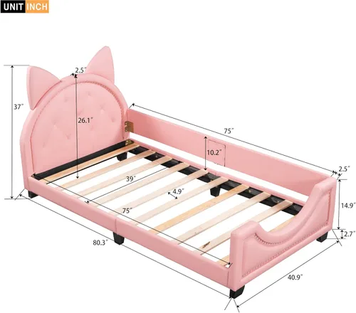 Miniatura 2 de FridayParts Sofá cama tapizado de tamaño individual con cabecero en forma de orejas de cartón, rosa Rosado