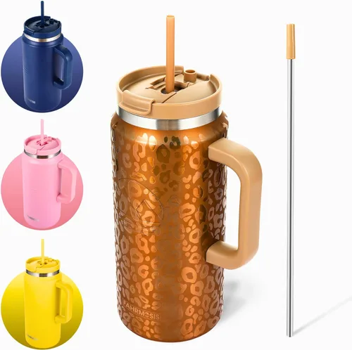 Miniatura 27 de FAHRMOSIS Vaso de 40 onzas con asa y pajita, taza aislada que cabe en el portavasos para bebidas frías y calientes, vaso a prueba de fugas