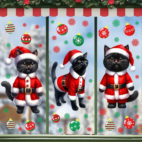 Miniatura 10 de Adhesivos de ventana de Navidad para ventana de Navidad, gato negro y menta, calcomanías de pared para decoración de ventanas de tienda de vidrio