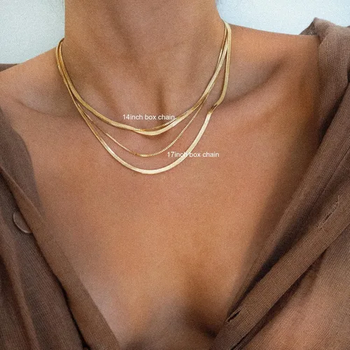 Miniatura 5 de Tewiky Collar de cadena de oro para mujer, chapado en oro de 14 quilates, collar de cadena de caja de ondas con cuentas finas, collar de oro