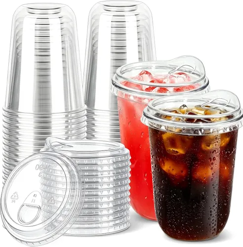 Miniatura 9 de Paquete de 50 vasos de plástico transparente de 12 onzas con tapas para sorber, tazas de café helado desechables gruesas para llevar bebidas frías