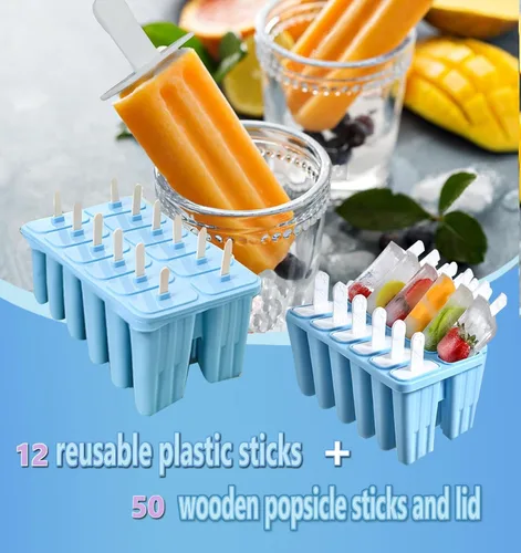 Miniatura 2 de Moldes de silicona para paletas con palitos de 12 cavidades, molde para helado con cepillo limpio, 12 varillas reutilizables, 50 varillas, 50 Azul