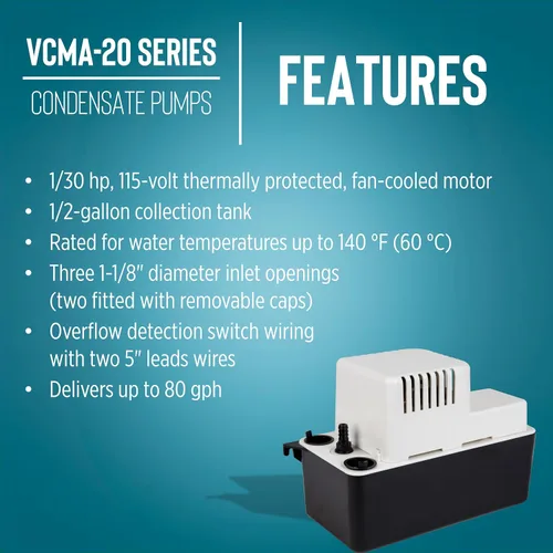 Miniatura 4 de Little Giant VCMA-20ULS 115 voltios, 80 GPH, 1/30 HP Bomba de eliminación automática de condensado para sistemas