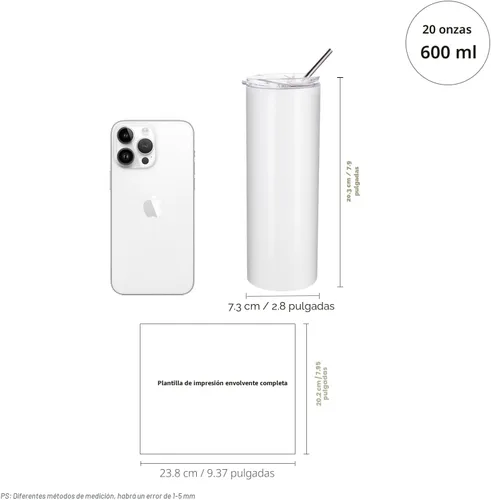 Miniatura 2 de PYD Life Vaso de sublimación en blanco delgado de 20 onzas, acero inoxidable recto con popote de metal para tazas, vasos, máquina de prensa