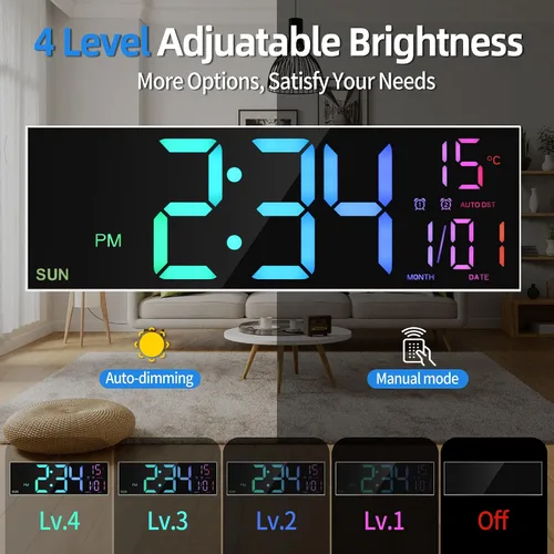 Miniatura 5 de LEIKE Reloj de pared digital grande de 16.2 pulgadas con control remoto, LED grande, alarma dual, 8 colores RGB, brillo automático, fecha, DST