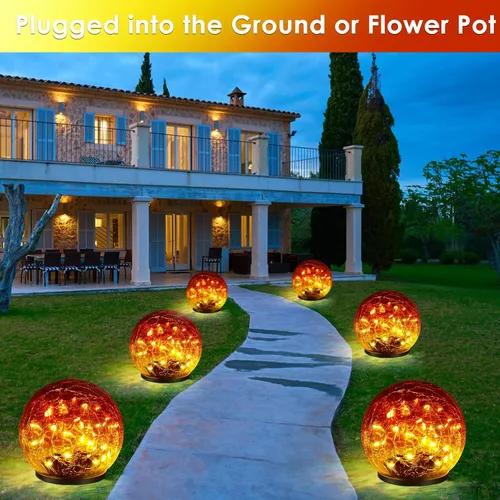 Miniatura 8 de 2 Pack 60 LED Luces solares de jardín para exterior, decorativas, luces de globo de vidrio agrietado con gradiente rojo, luces de bola impermeables