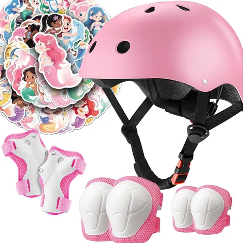 Miniatura 10 de Juego de casco de bicicleta para niños, certificado CPSC con rodilleras, coderas, muñequeras, casco negro ajustable para niñas de 2-3-5-8 años