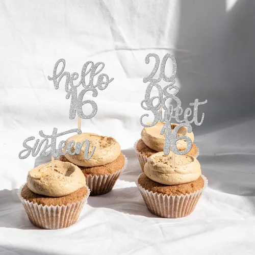 Miniatura 6 de 24 piezas de decoraciones para cupcakes de 16 cumpleaños con purpurina, ¡Hola 16! Dulces 16 desde 2008, púas para cupcakes de 16 años para celebrar