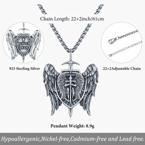 Miniatura 3 de Odinstone Collar de plata de ley 925 con medalla de San Miguel/San Cristóbal/San Benito/Crucifijo de Jesús/San Uriel/Arcángel Rafael para hombres