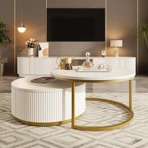 Miniatura 13 de Moderna mesa de centro redonda anidable acanalada con cajón en negro y dorado en 27.6 pulgadas