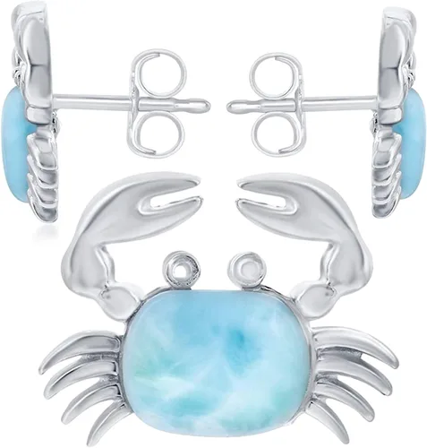 Beaux Bijoux Aretes de plata de ley azul larimar para mujer, joyería natural de larimar, diseño de animales marinos, pez de pulpo de tortuga,