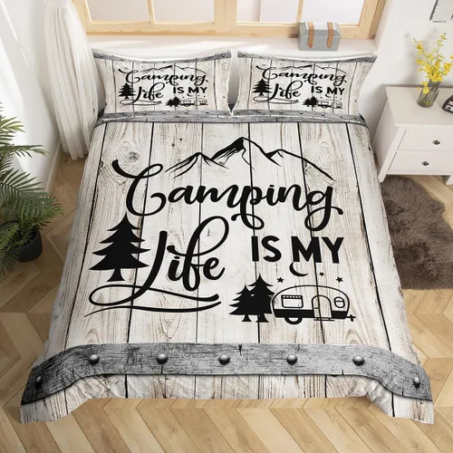 Manfei Happy Camping - Juego de funda de edredón tamaño individual, funda de edredón con 1 funda de almohada, juego de ropa de cama de madera gris