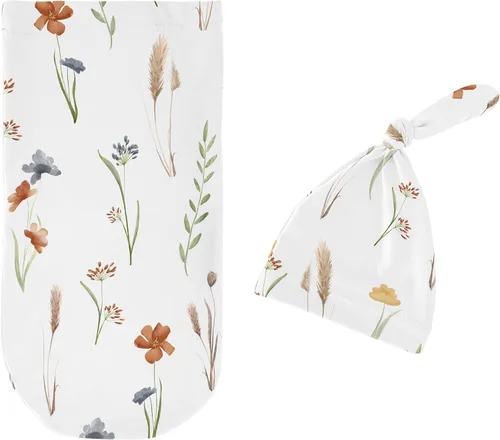 Miniatura 11 de Sweet Jojo Designs Juego de 2 gorros y capullos florales de acuarela para bebé, saco de dormir de punto elástico para bebé, recién nacido, saco