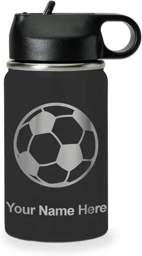 Miniatura 52 de LaserGram Botella de agua personalizada, pelota de fútbol, acero inoxidable de doble pared aislada al vacío con popote superior, regalo grabado