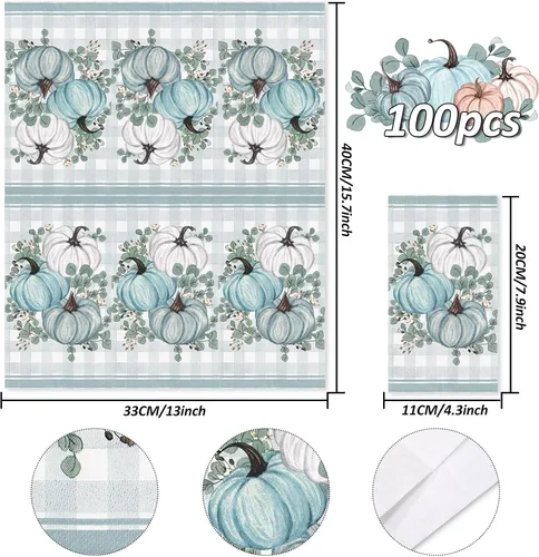 Miniatura 2 de Whaline 100 servilletas desechables de calabaza de otoño azul y blanco para Acción de Gracias, servilletas de mano para otoño, vacaciones, fiesta