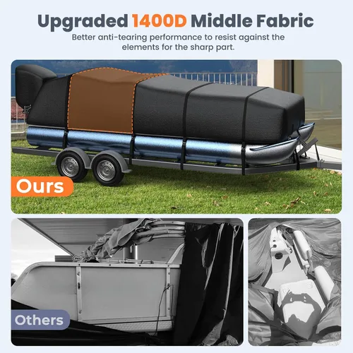 Miniatura 5 de RVMasking Cubierta para barco pontón con cubierta para motor, 1400D resistente reforzada en el medio, cubierta impermeable para barco de grado
