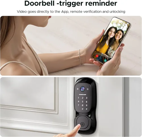 Miniatura 5 de Cerradura inteligente de puerta Camcamp, cerradura de entrada sin llave con huella dactilar y timbre con cámara, cerradura inteligente de cerrojo