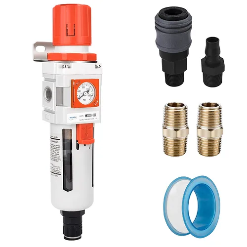 Miniatura 12 de NANPU 1/2 "NPT Embedded Gauge Compressed Air Filter/Regulador Piggyback Combo, Drenaje Automático, Elemento de Latón de 5 Micrones, Cuenco