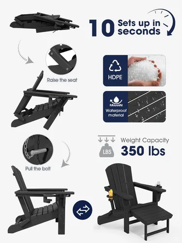 Miniatura 6 de KINGYES Silla Adirondack plegable ajustable con otomana retráctil, silla reclinable Adirondack de polietileno de alta densidad con soporte