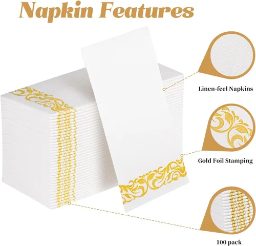 Miniatura 2 de KAMMAK Servilletas de papel para cena blancas con bolsillo, desechables, paquete de 100 unidades, con ribete amarillo, sensación de lino