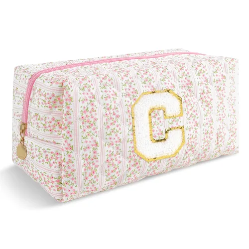 Miniatura 106 de Pequeña bolsa de maquillaje personalizada con inicial A-Z Preppy Patch, bolsa de cosméticos de viaje de felpilla blanca con cremallera, bonita bolsa
