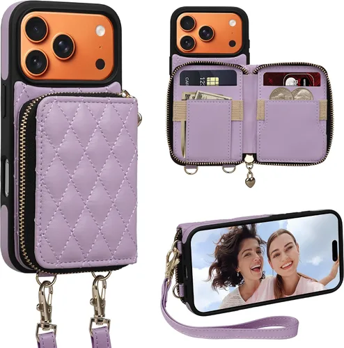 Miniatura 34 de Funda tipo cartera para iPhone 15 de 6.1 pulgadas, bolso cruzado con cremallera y correa para la muñeca con cordón para mujer, tarjetero con bloqueo