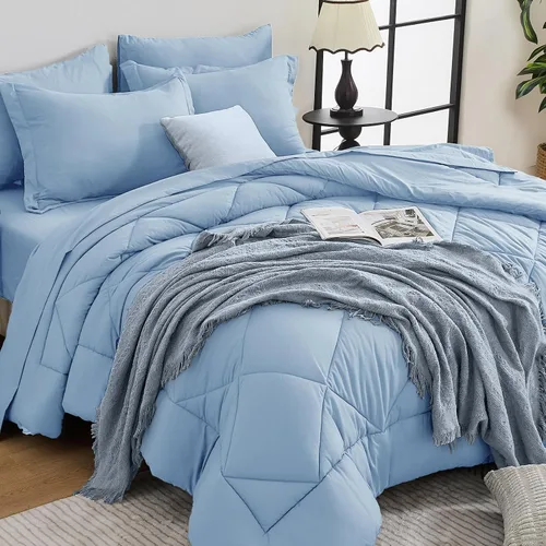 Miniatura 20 de HEVUMYI - Juego de edredón King de 7 piezas para todas las estaciones, cama en una bolsa, ultra suave, juego de cama con edredón, sábana plana, Azul