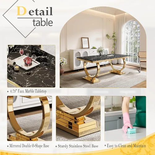 Miniatura 4 de Juego de mesa de comedor de mármol de 70 pulgadas para 6, mesa de cocina grande y sillas de cuero negro, mesas de comedor modernas negras y doradas