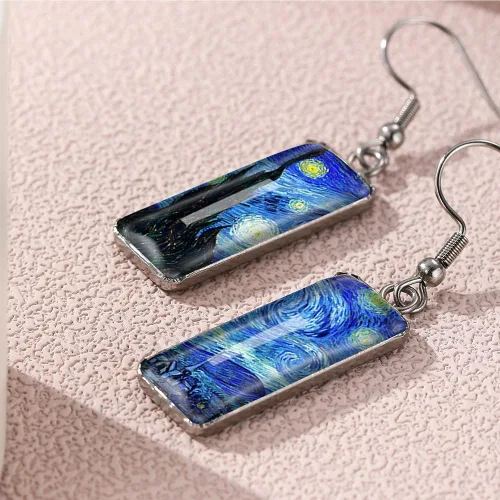 Miniatura 2 de Van Gogh - Aretes colgantes con diseño de girasol y cielo estrellado para mujer, aretes de arte abstracto