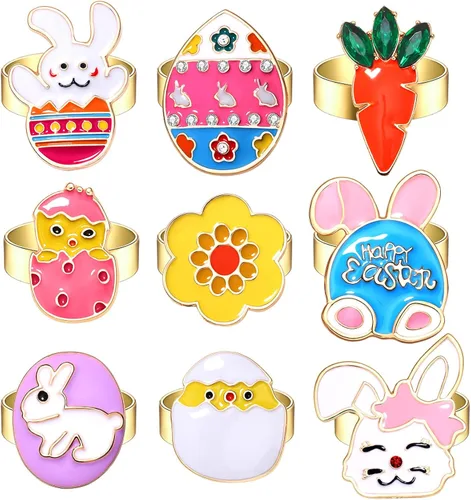 9 anillos de Pascua para mujeres y niñas esmaltados bonitos anillos de huevo de conejo zanahoria pollo arco iris ajustable feliz Pascua conejo