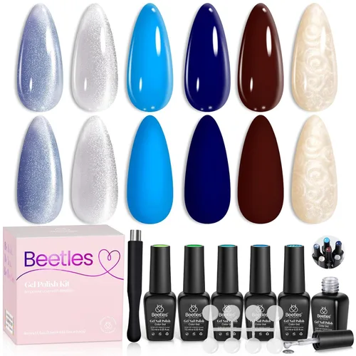 Miniatura 8 de Beetles - Esmalte de uñas de gel rojo, 6 colores, colección Marvelous Lady, esmalte de uñas con purpurina burdeos, nude, rojo brillante, diseño