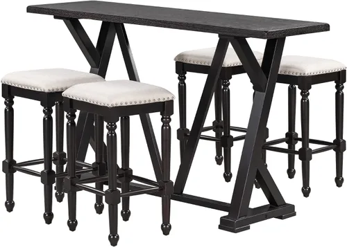 Miniatura 3 de Mid-Century - Juego de comedor de 5 piezas, altura de mostrador, mesa consola de madera con patas de caballete y 4 taburetes para lugares pequeños