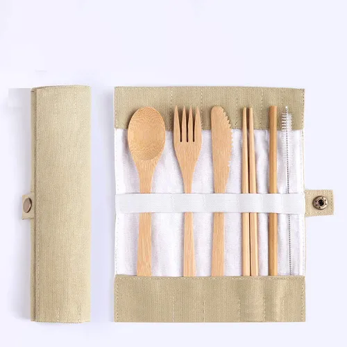 Miniatura 2 de Juego de 6 piezas de bambú para cubiertos de viaje, tenedor, cuchara, palillos y paja, utensilios de bambú, juego de cubiertos de camping